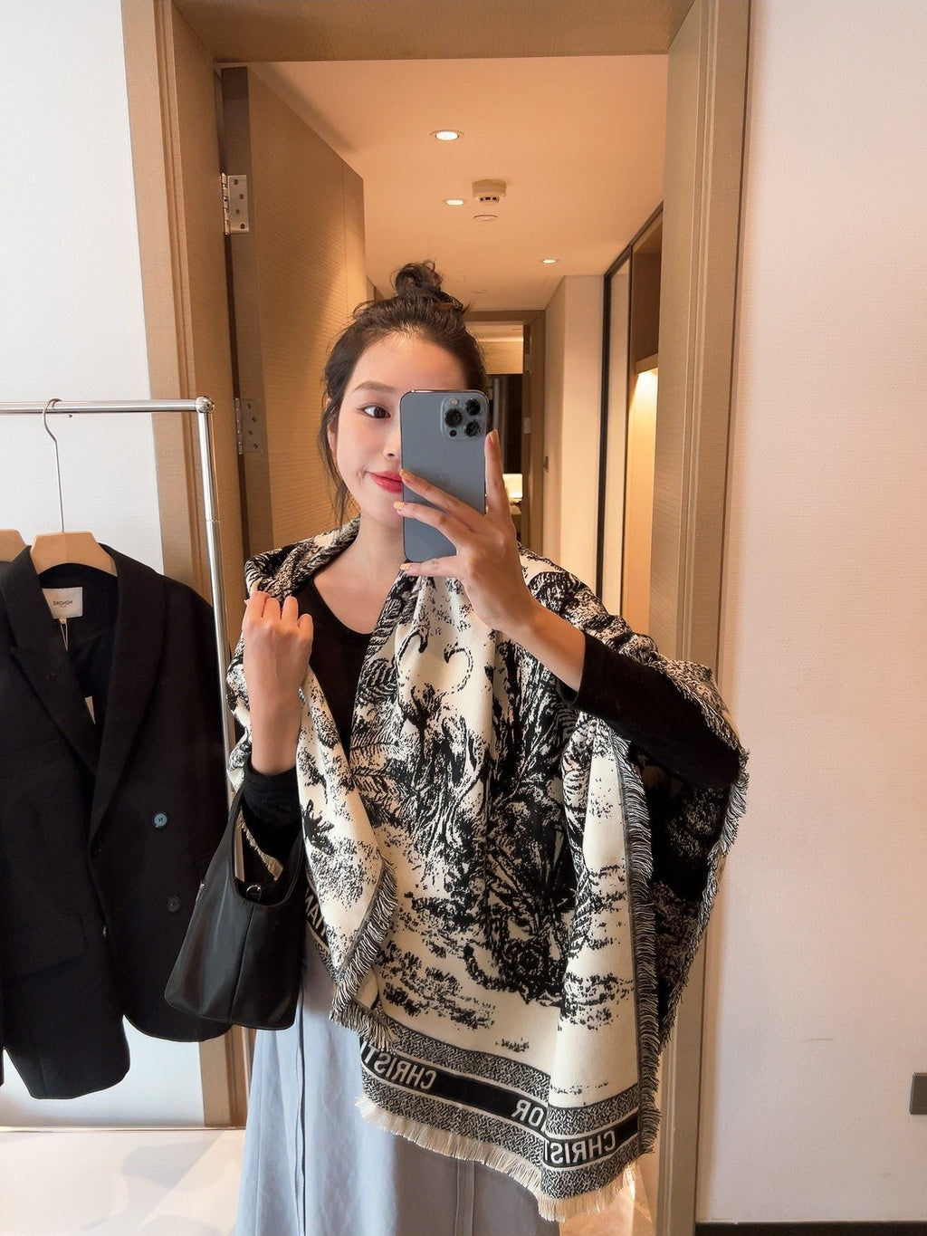 Dior Botanical Print Fringe Square Scarf